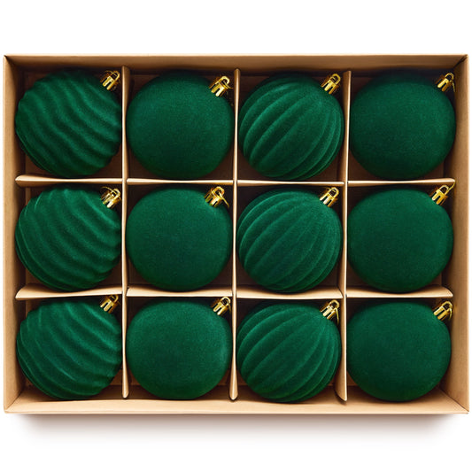 DR.Planzen 12PCS 3.2in Dark Green Christmas Ball Ornaments Set, Velvet Flocked Shatter-Resistant Xmas Balls - 3 Textured Styles with Gold Hanging Strings for Christmas Tree, Wreath, Mantel