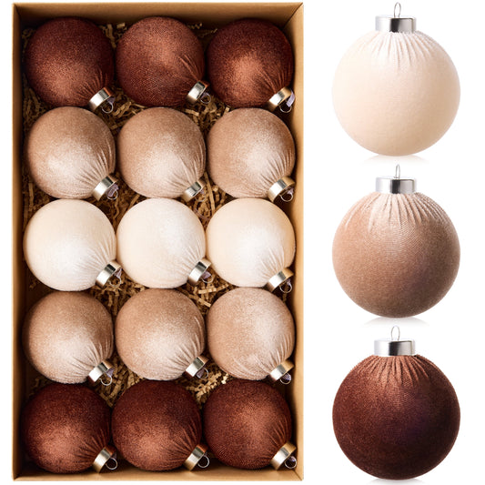 DR.Planzen 15 Pcs Fabric-Wrapped Christmas Ball Ornaments - 3.2 Inch Large Shatterproof Christmas Tree Decorations in Ivory, Khaki and Dark Brown for Farmhouse, Woodland and Holiday Decor
