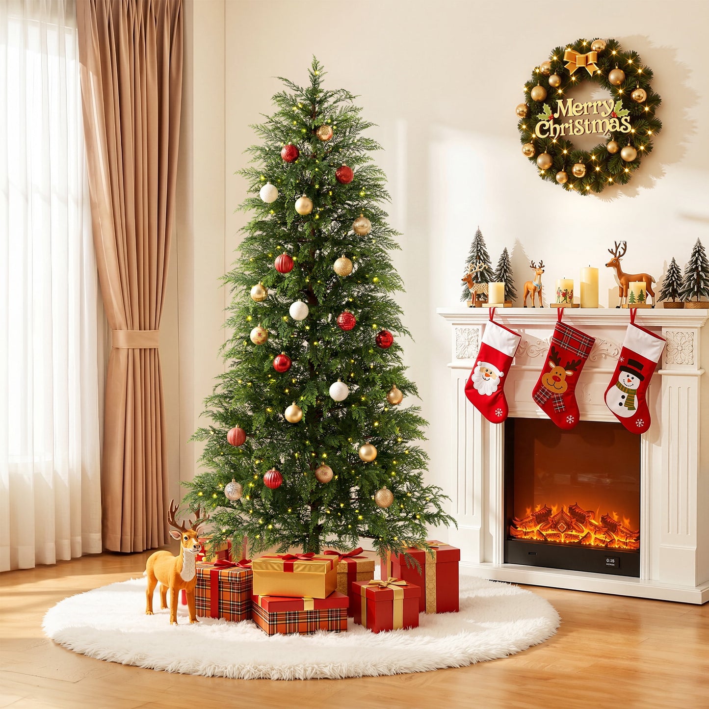 DR.Planzen 7.5' Pre-Lit Green Cypress Artificial Christmas Tree with 500 Warm White Twinkle LED Lights, Full-Bodied Xmas Tree with Metal Stand, Indoor Holiday Decoration