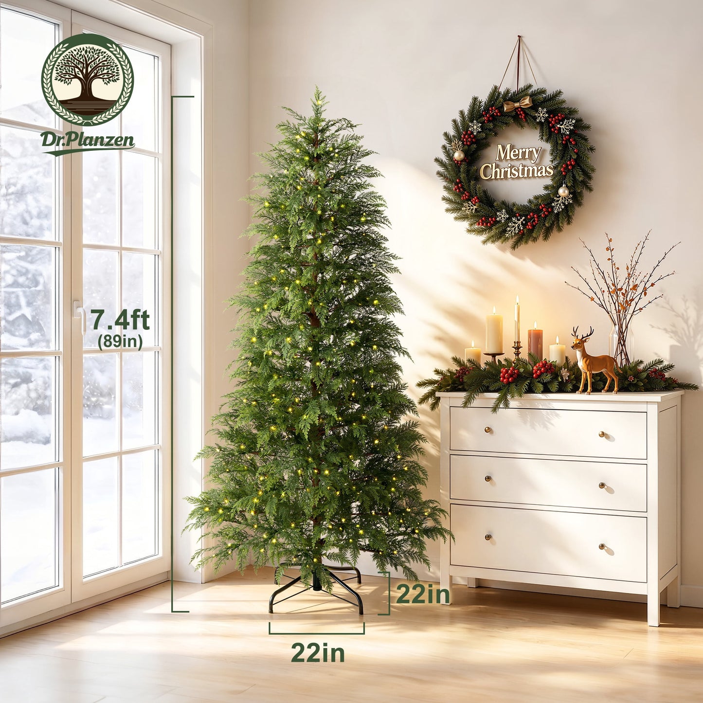 DR.Planzen 7.5' Pre-Lit Green Cypress Artificial Christmas Tree with 500 Warm White Twinkle LED Lights, Full-Bodied Xmas Tree with Metal Stand, Indoor Holiday Decoration