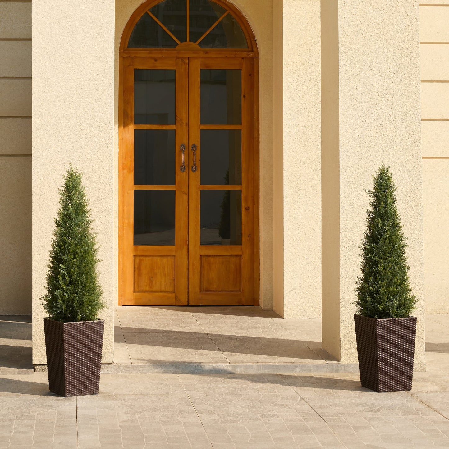 DR.Planzen 4ft Artificial Cedar Topiary Tree with Brown Planter - UV Resistant Faux Cypress Tree for Porch Decor Fake Pine Tree for Perfect Housewarming Gift