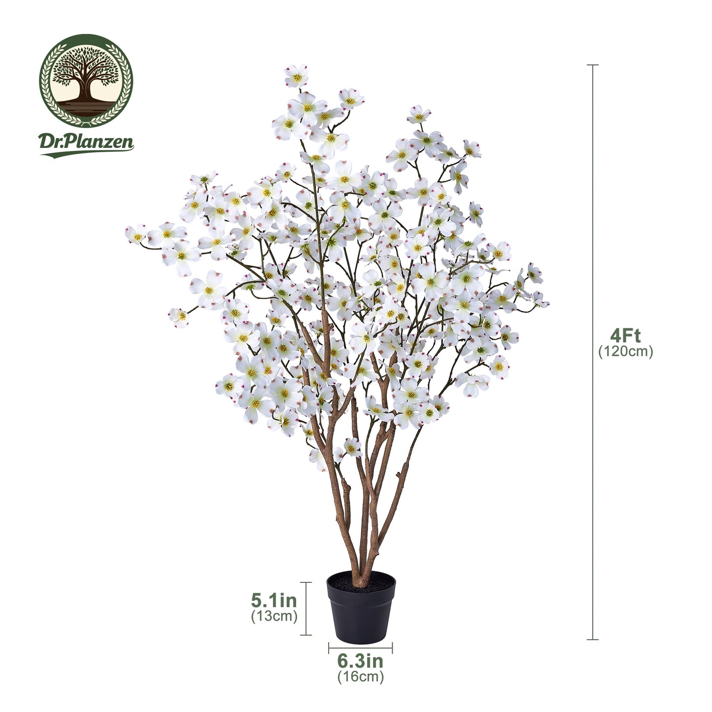 DR.Planzen 2 Pack 4ft White Artificial Dogwood Tree, Lifelike Faux Dogwood Flower Tree with Green Leaves for Home Decor Indoor Outdoor, Spring Decoration for Living Room Office