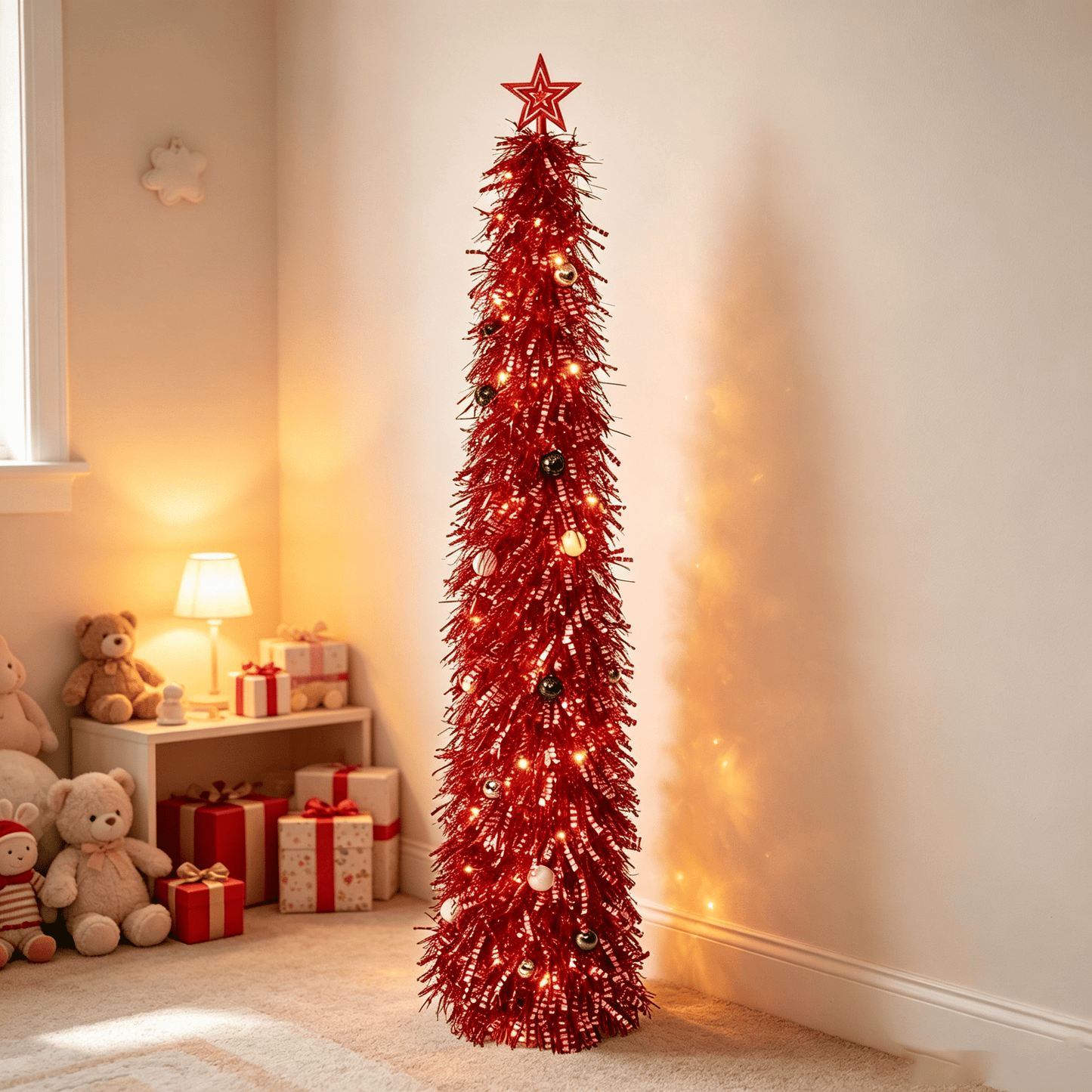 DR.Planzen 6ft Pop Up Christmas Tinsel Tree, Pre Lit Slim Christmas Tree, Red Silver LED Pencil Tree with 100 Warm White Lights, Star Topper & Ornaments Set, Collapsible Holiday Decor