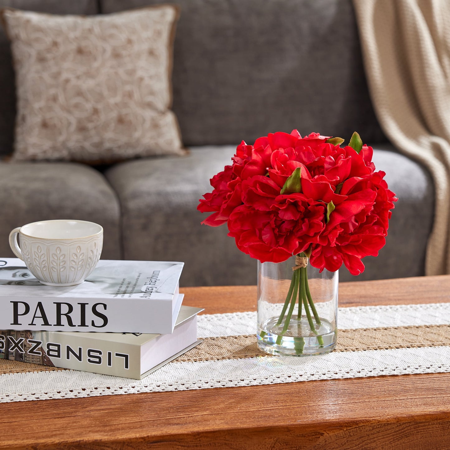 DR.Planzen Artificial Red Peony Bouquet in Cylinder Vase with Faux Water, 6 Stems with 6 Realistic White Peony Blooms, 10.6" Tall Ready-to-Use Home Office Centerpiece Decor