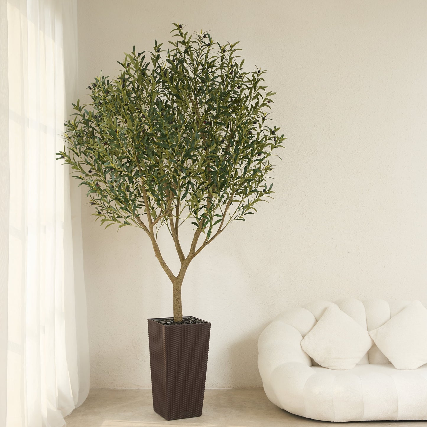 DR.Planzen UV Resistant 8ft Artificial Olive Tree in Brown Large Planter with Pebbles¨C Faux Olive Tree for Indoor and Outdoor Decor, Lifelike Greenery for Home & Garden Decor