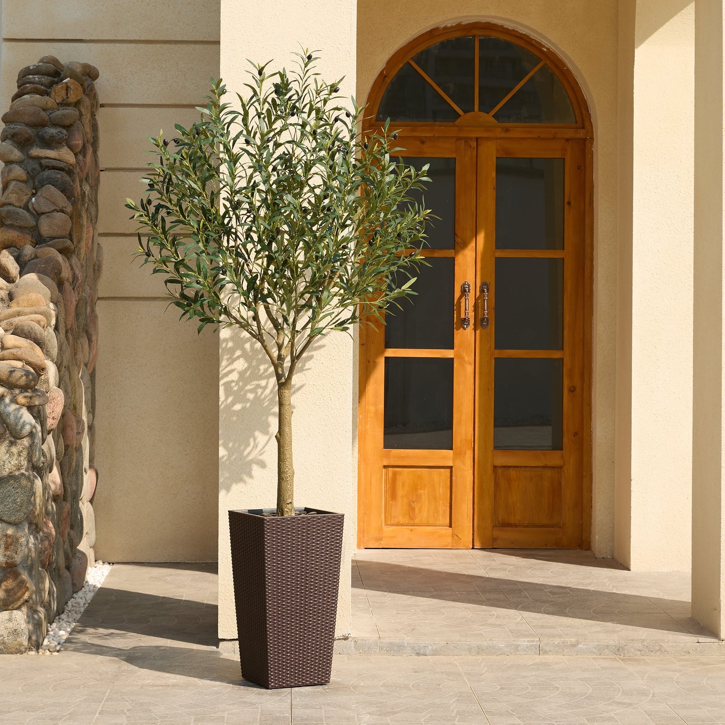 DR.Planzen UV Resistant 7ft Artificial Olive Tree in Brown Large Planter with Pebbles¨C Faux Olive Tree for Indoor and Outdoor Decor, Lifelike Greenery for Home & Garden Decor