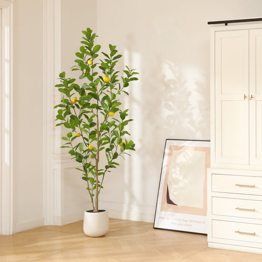 7ft Artificial Lemon Tree with Oval White Pot, Realistic Looking Foliage - Perfect for Home or Office Decor!
