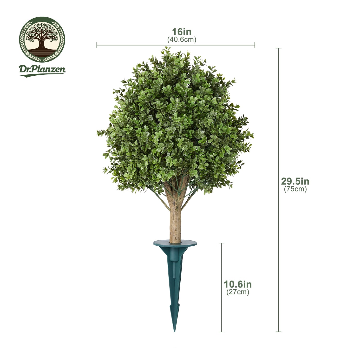 DR.Planzen 16'' Artificial Boxwood Topiary Ball Plant, Fake Greenery Shrub with Ground Spike, UV Resistant Faux Outdoor Evergreen for Garden Porch Planter Decor