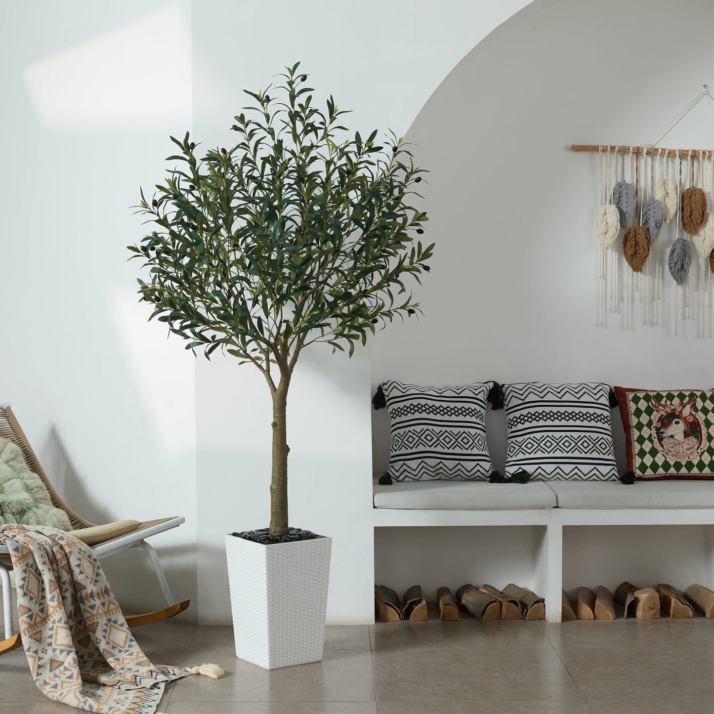 DR.Planzen UV Resistant 6ft Artificial Olive Tree in White Large Planter with Pebbles¨C Faux Olive Tree for Indoor and Outdoor Decor, Lifelike Greenery for Home & Garden Decor