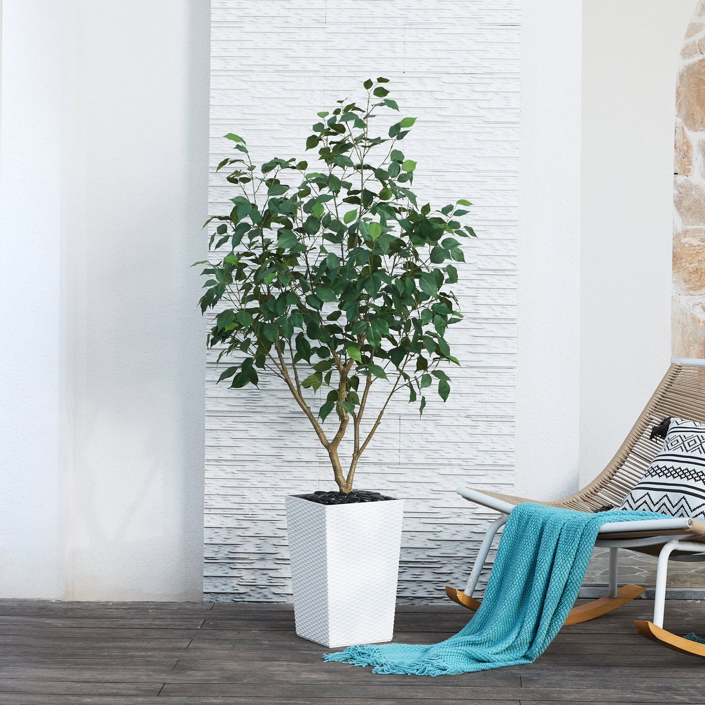 DR.Planzen Artificial Ficus Tree 5ft - UV Protected Faux Ficus Plant with Adjustable Branches and Realistic Green Leaves for Indoor & Outdoor Decor, White Large Planter with River Rocks