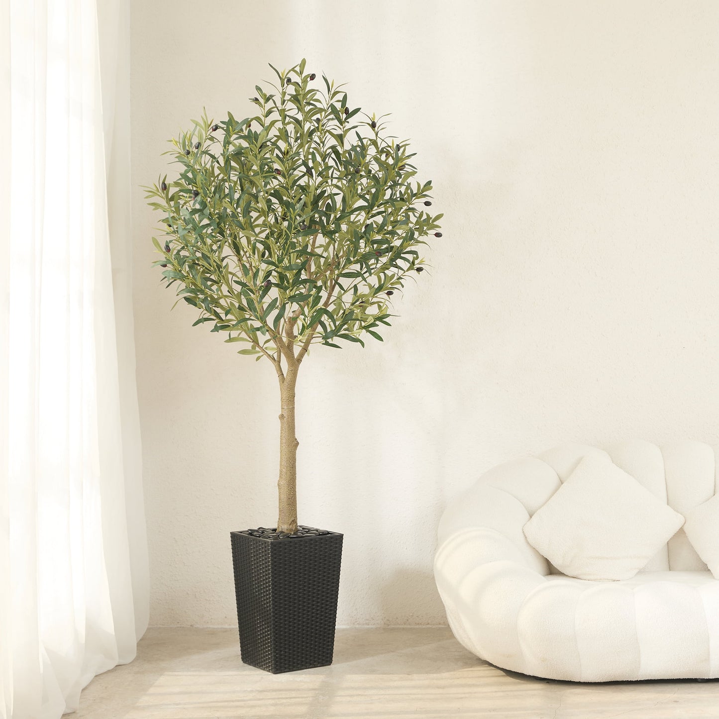 DR.Planzen UV Resistant 6ft Artificial Olive Tree in Black Large Planter with Pebbles¨C Faux Olive Tree for Indoor and Outdoor Decor, Lifelike Greenery for Home & Garden Decor