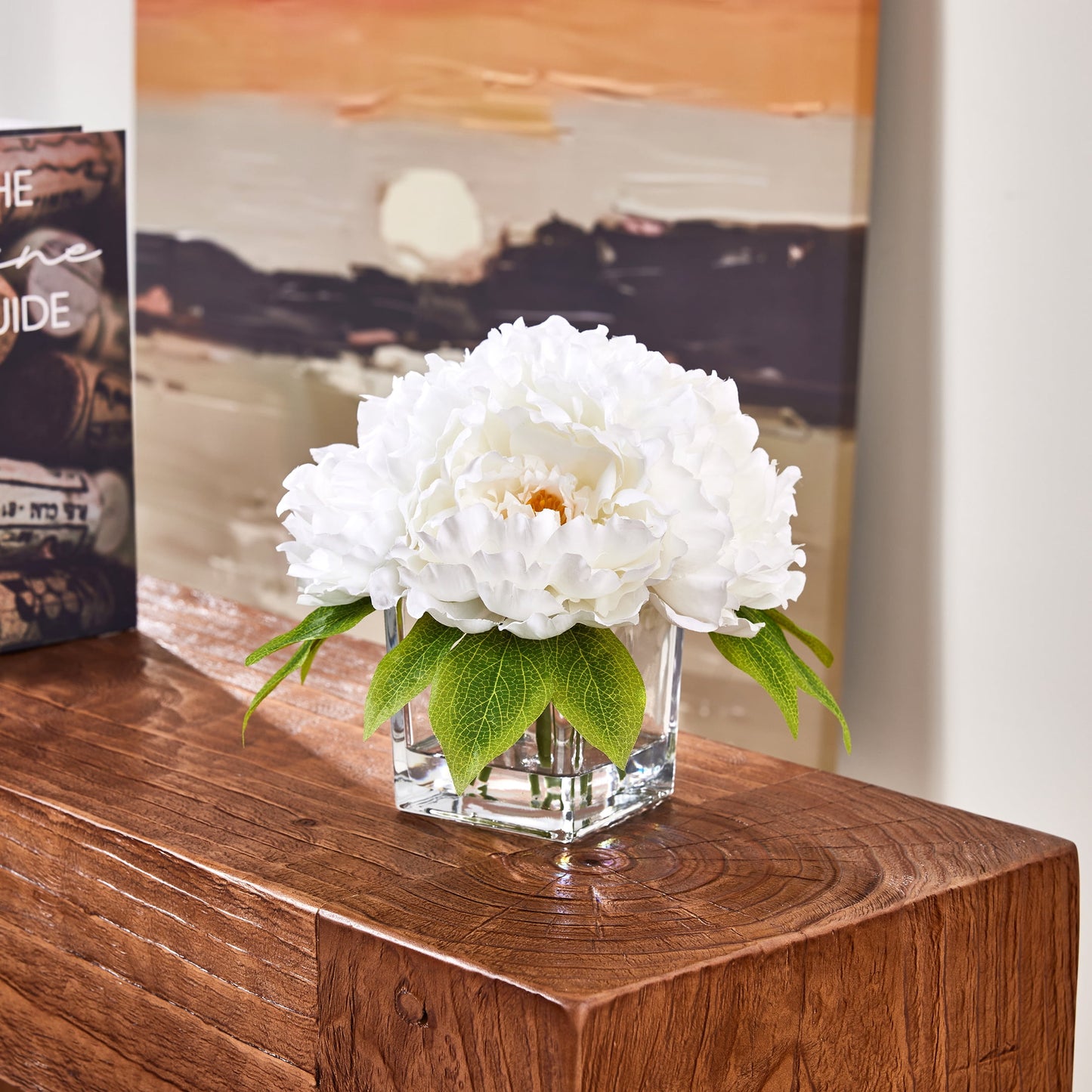 DR.Planzen 8.4in Artificial Peony Flowers, Fake Flowers with Vase, Faux Peony Flowers, White Artificial Flowers - Glass Vase Faux Water Arrangement - Table Centerpiece for Home Decor