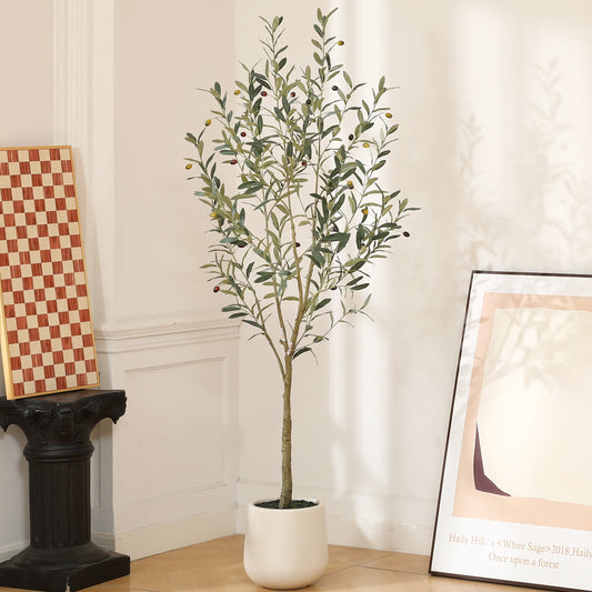 6ft Artificial Olive Tree in Ellipse White Pot, 1 Pack - Realistic Faux Plant for Indoor or Outdoor Decor, Low Maintenance.