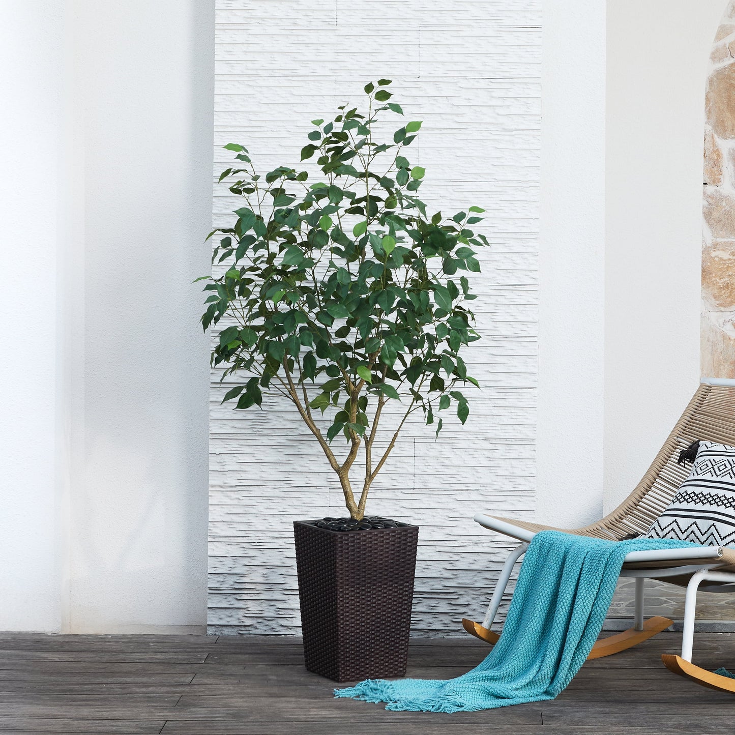 DR.Planzen Artificial Ficus Tree 5ft - UV Protected Faux Ficus Plant with Adjustable Branches and Realistic Green Leaves for Indoor & Outdoor Decor, Brown Large Planter with River Rocks