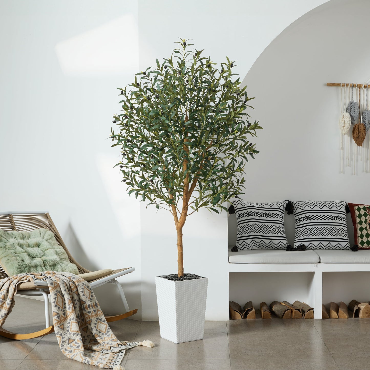 DR.Planzen UV Resistant 6ft Artificial Olive Tree with Natural Wood Branches and Realistic Silk Leaves,Faux Olive Tree for Indoor and Outdoor Decor - White Large Planter with Pebbles