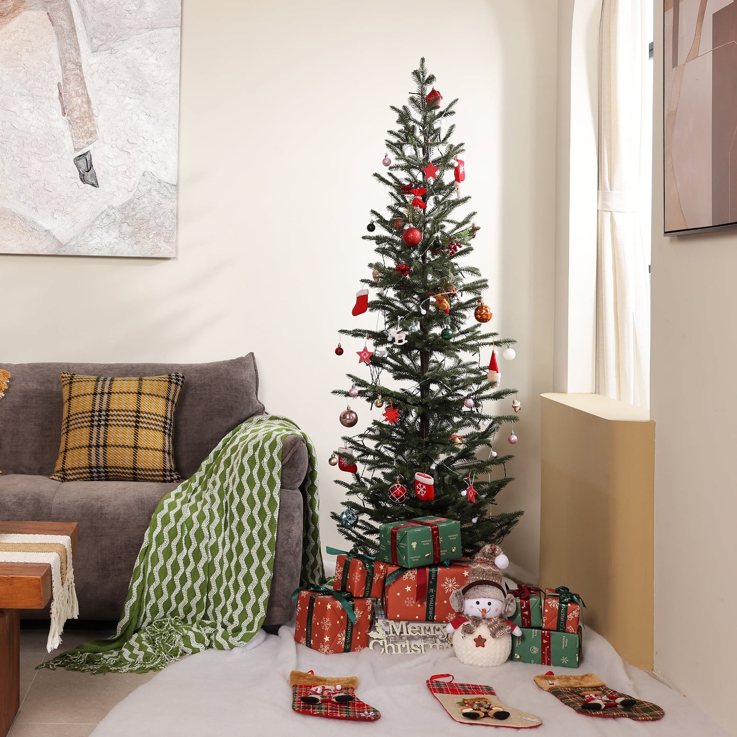 Artificial Christmas Tree 6ft PE Realistic Unlit Green - Full Branches Easy Assembly with Durable Metal Stand - Holiday Indoor Decoration for Family Home Reusable Flame Retardant