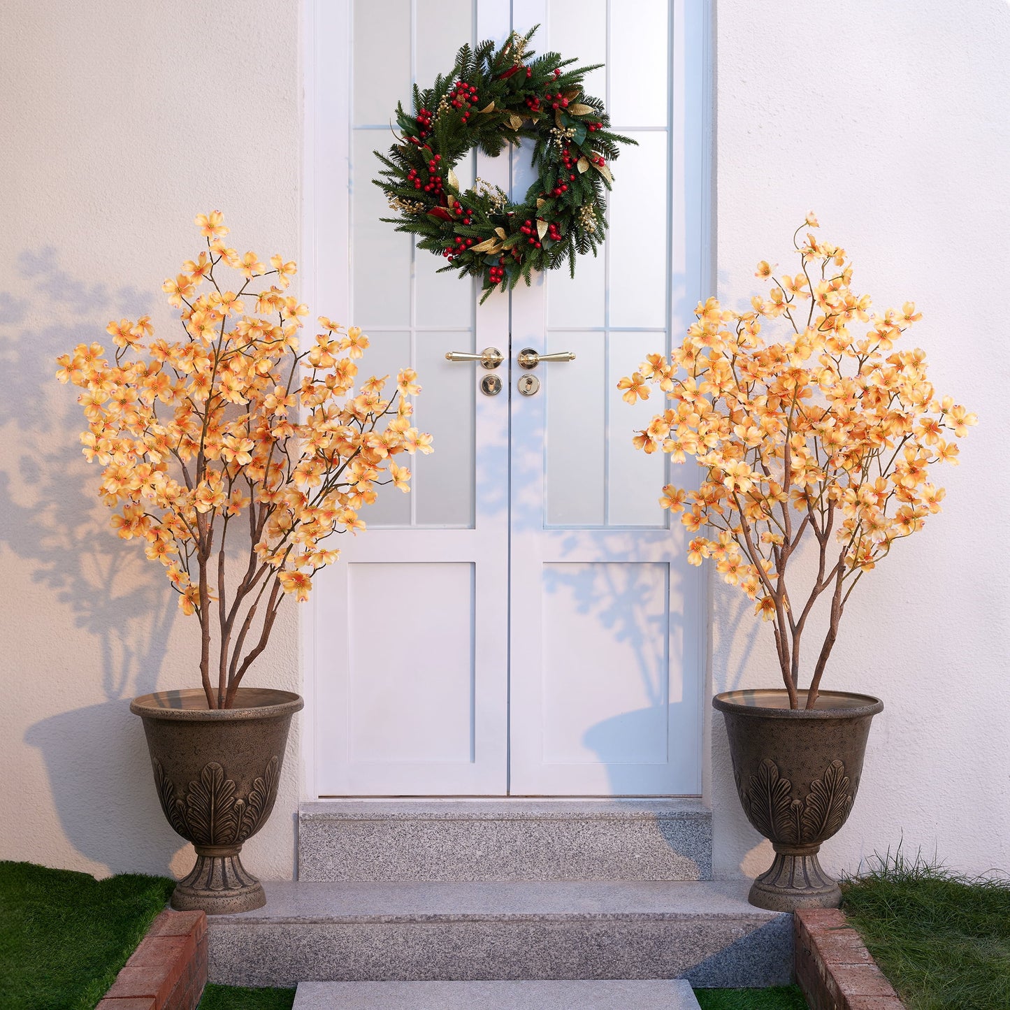 DR.Planzen 4ft Artificial Yellow Dogwood Tree, Lifelike Faux Dogwood Flower Tree with Green Leaves for Home Decor Indoor Outdoor, Spring Decoration for Living Room Office