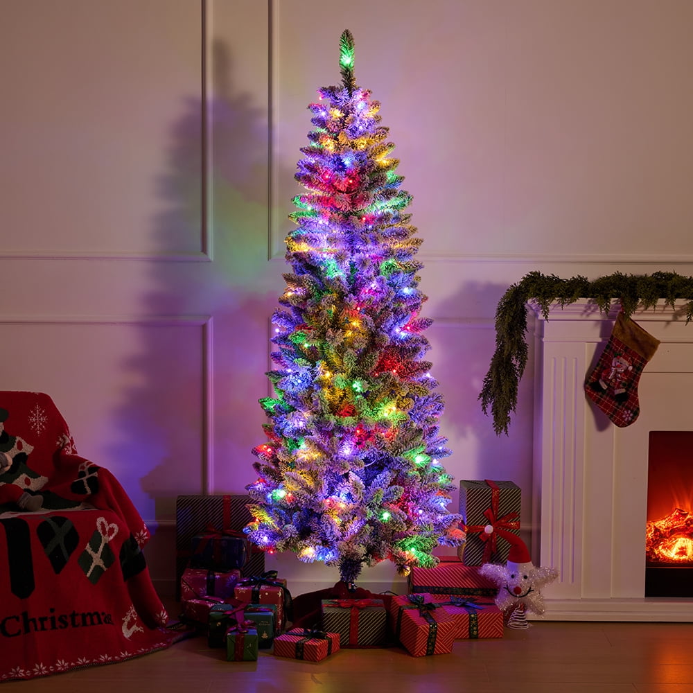 DR.Planzen 6ft Prelit Snow Flocked Slim Christmas Tree - Pencil Artificial Tree with 250 Dual Color LED Lights, 9 Modes and 720 Adjustable Branches for Apartments, Living Rooms