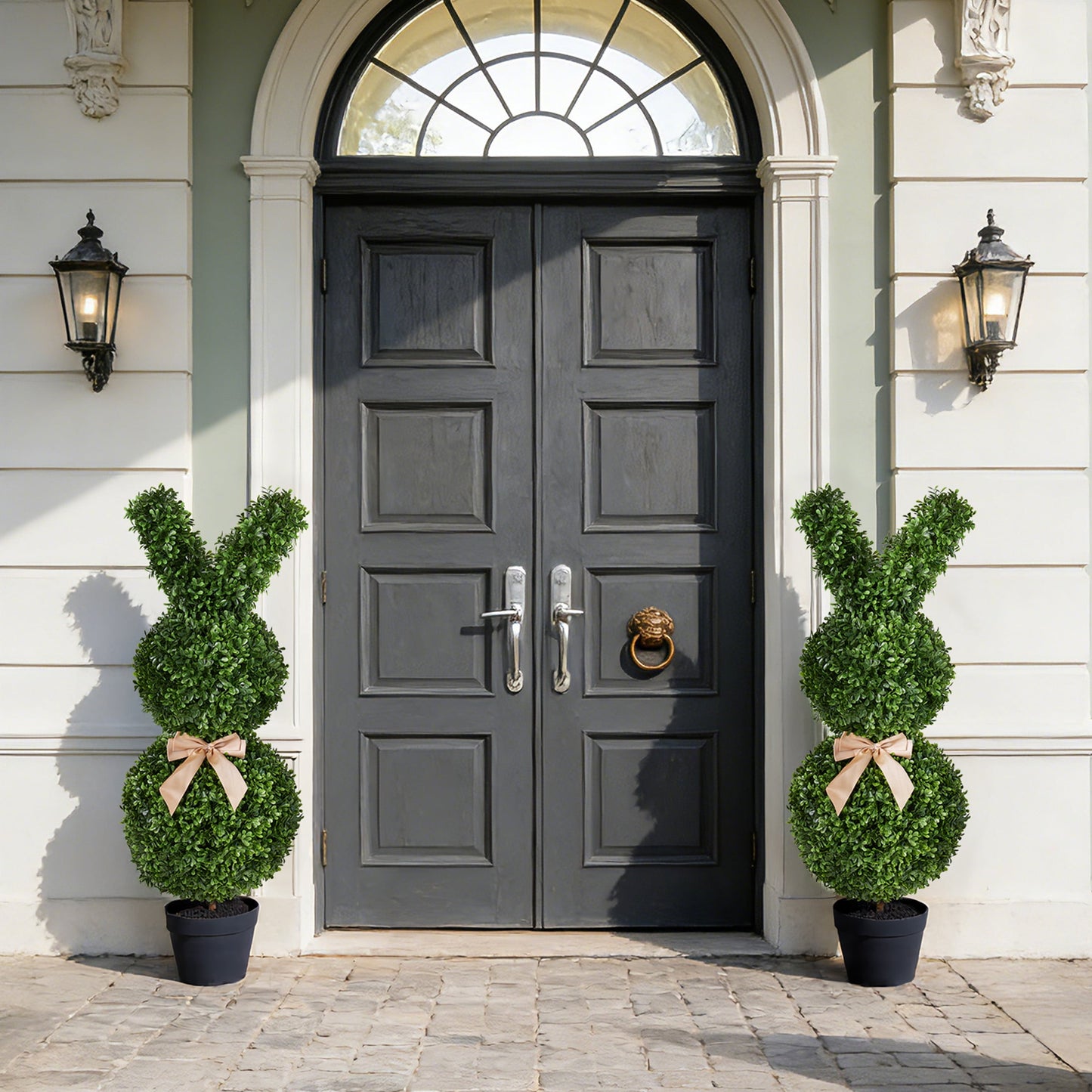 DR.Planzen 3ft Easter Rabbit Shaped Topiary Trees, High Artificial Boxwood with Swaying Ears & Brown Bow Tie, UV-Resistant for Indoor & Outdoor Decor, Set of 2