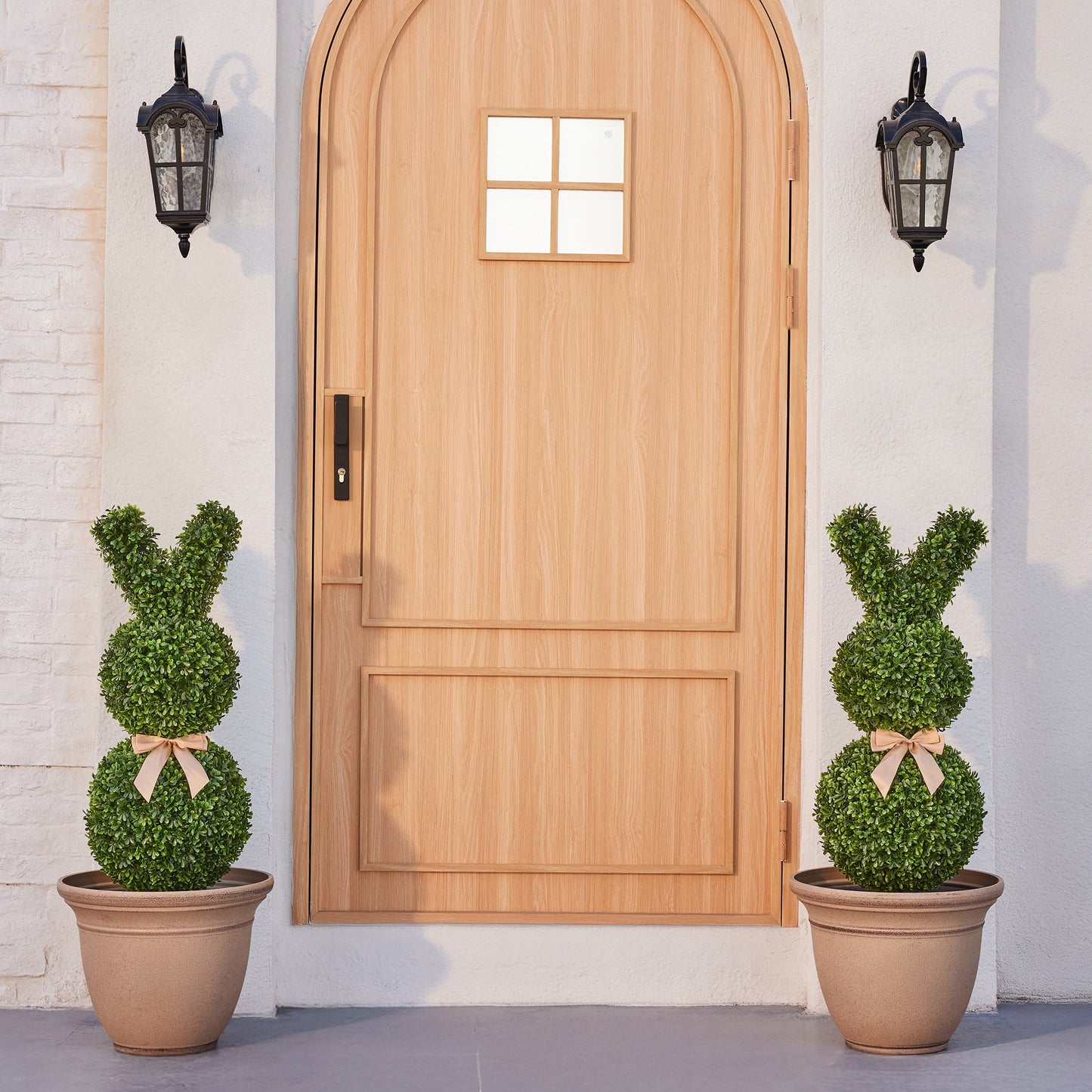 DR.Planzen 3ft Easter Rabbit Shaped Topiary Trees, High Artificial Boxwood with Swaying Ears & Brown Bow Tie, UV-Resistant for Indoor & Outdoor Decor, Set of 2