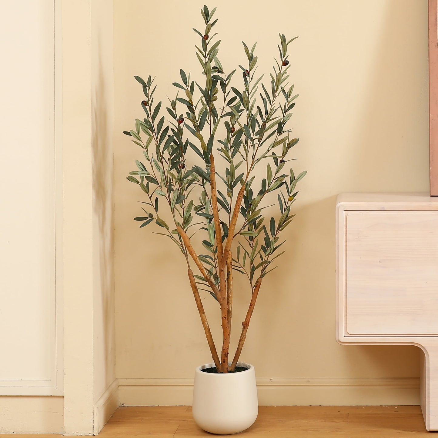 5ft Fake Olive Tree with Oval White Planter, Artificial Olive Plants with Realistic Leaves and Natural Trunk, Big Fake Plants for Home Decor