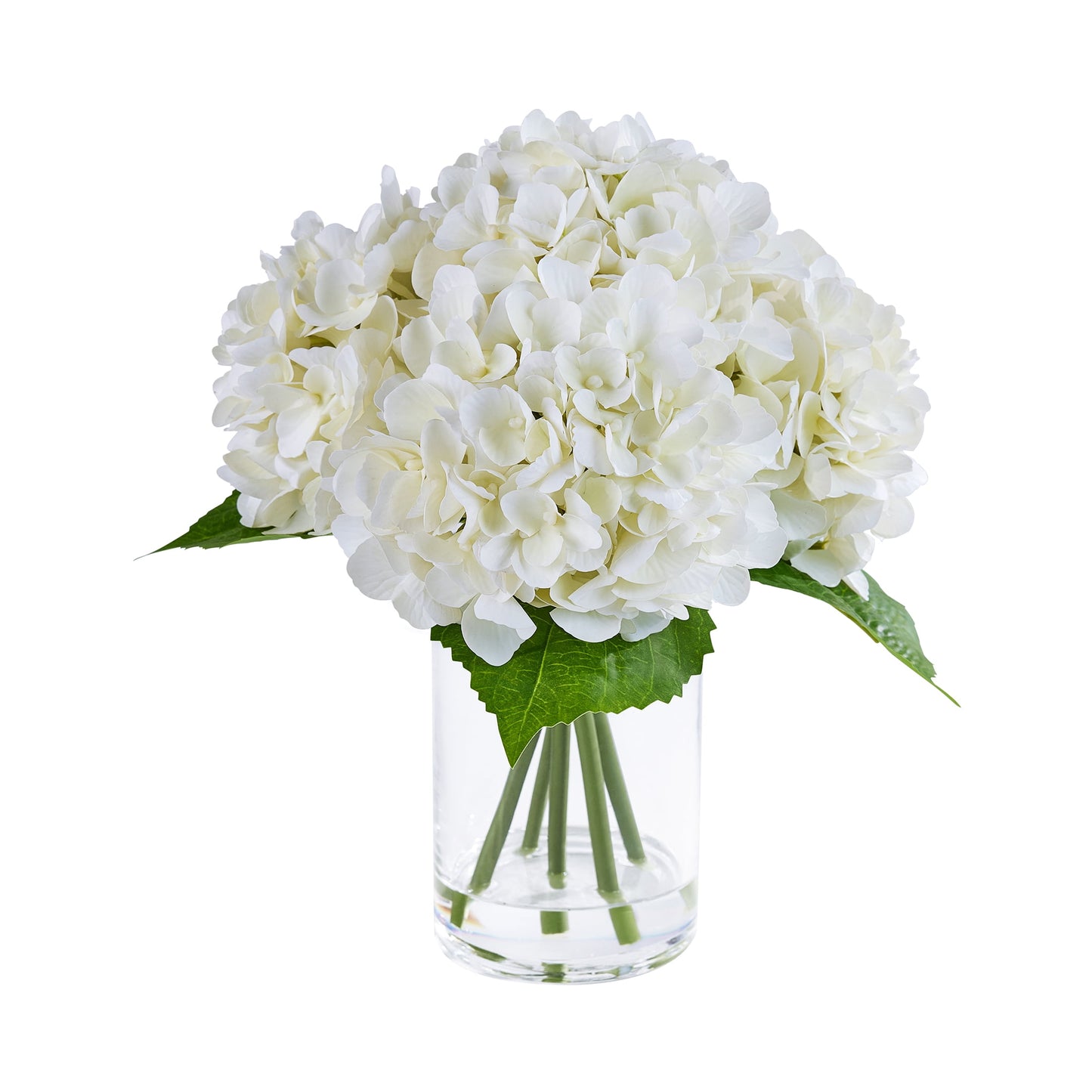 DR.Planzen 13in Artificial Hydrangea Flowers with Vase - White Faux Hydrangea Flowers, Clear Glass Vase with Faux Water, Table Centerpiece for Home Decor, Office, Wedding Party