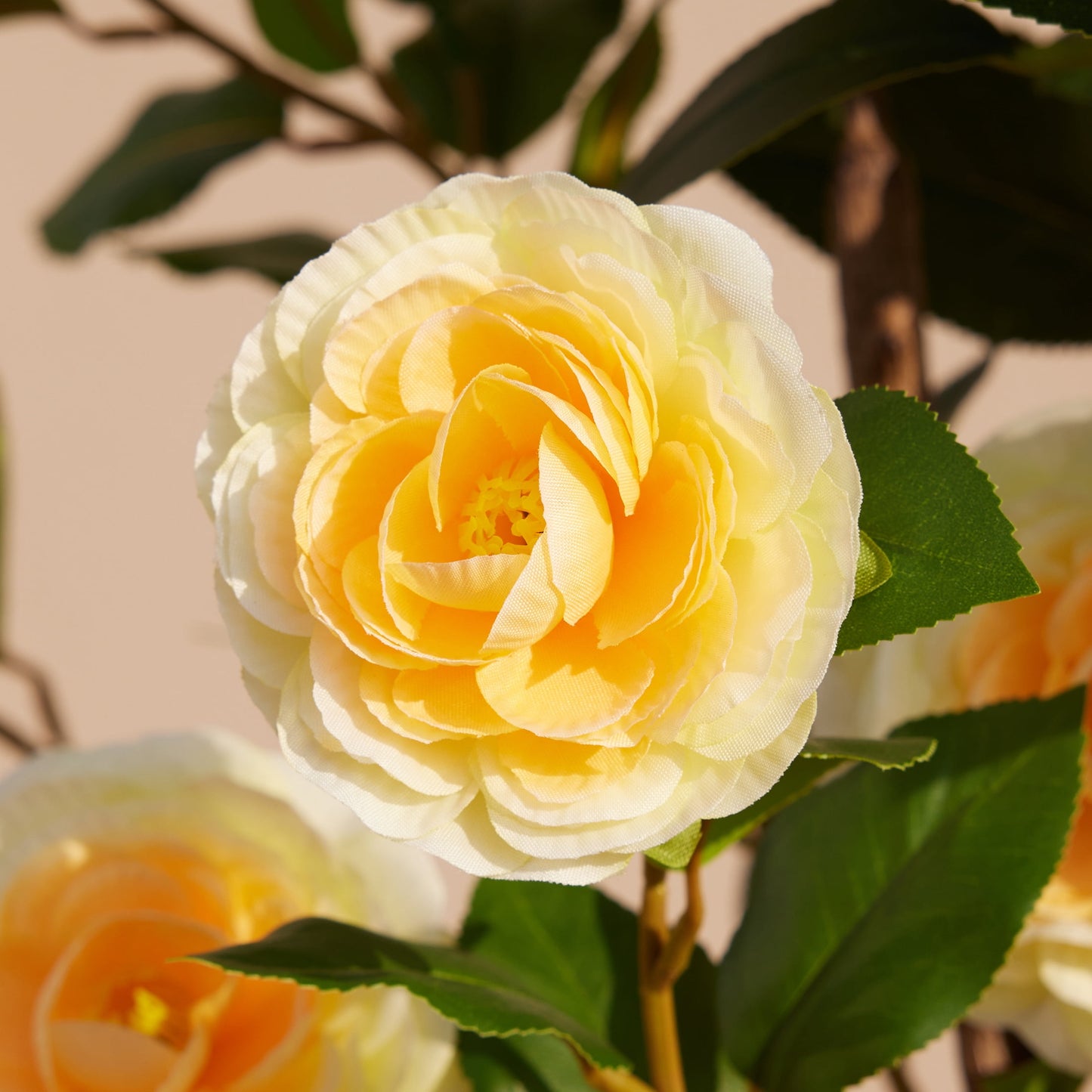 Artificial Camellia Tree 3FT in Pot ¨C 27 Blooming Yellow Flowers & 252 Leaves UV Resistant Faux Camellia Plant for Indoor Outdoor Decor, Front Door Porch Patio Living Room Office