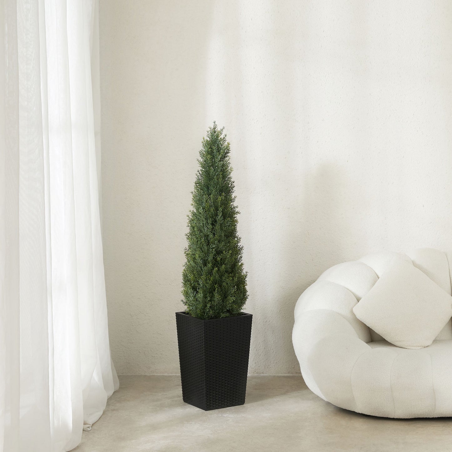 DR.Planzen 4ft Artificial Cedar Topiary Tree with Black Planter - UV Resistant Faux Cypress Tree for Porch Decor Fake Pine Tree for Perfect Housewarming Gift