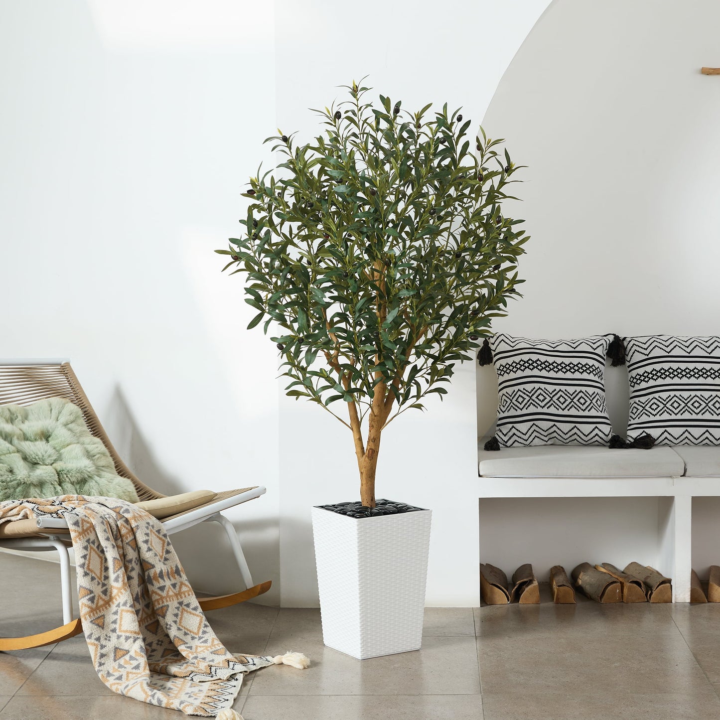 DR.Planzen UV Resistant 5ft Artificial Olive Tree with Natural Wood Branches and Realistic Silk Leaves,Faux Olive Tree for Indoor and Outdoor Decor - White Large Planter with Pebbles