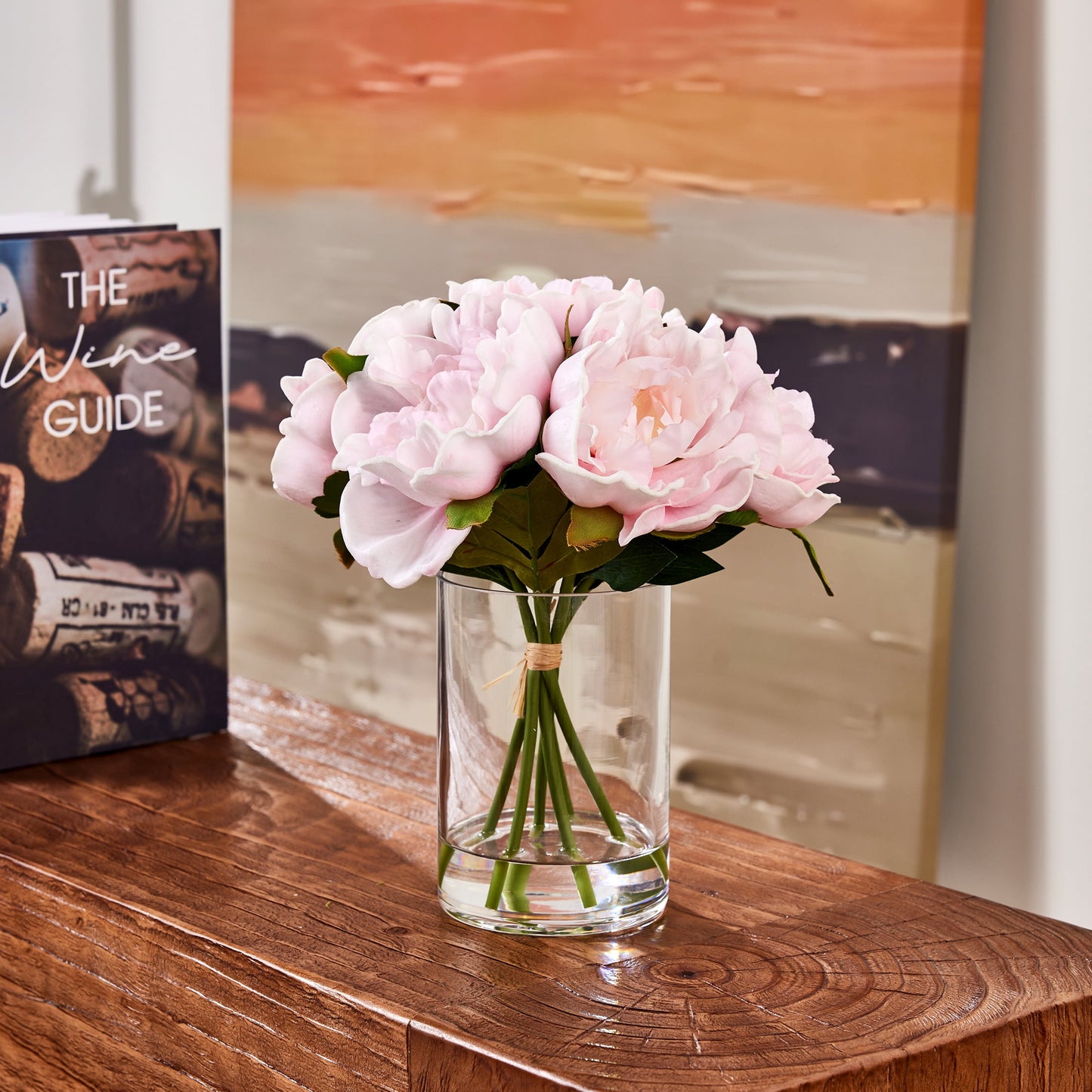 DR.Planzen Artificial Pink Peony Bouquet in Cylinder Vase with Faux Water, 6 Stems with 6 Realistic White Peony Blooms, 10.6" Tall Ready-to-Use Home Office Centerpiece Decor