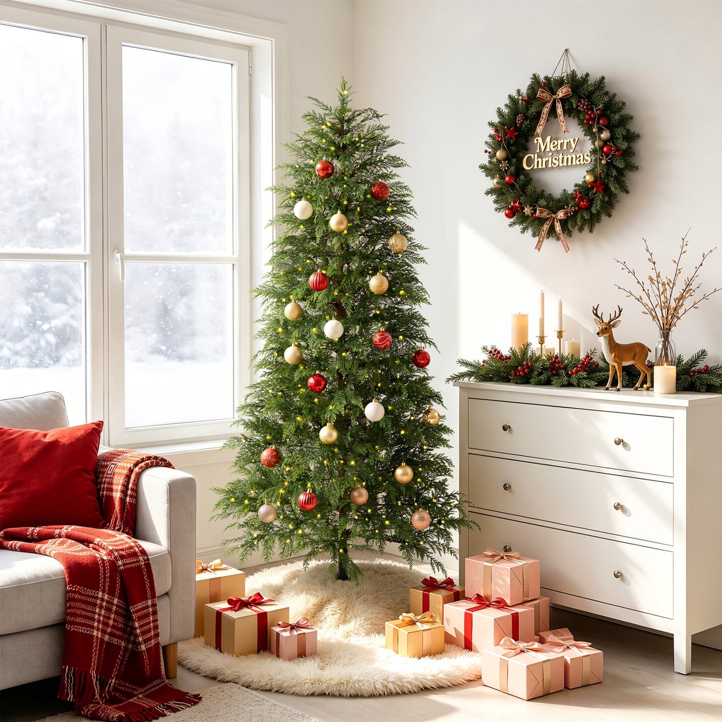 DR.Planzen 7.5' Pre-Lit Green Cypress Artificial Christmas Tree with 500 Warm White Twinkle LED Lights, Full-Bodied Xmas Tree with Metal Stand, Indoor Holiday Decoration
