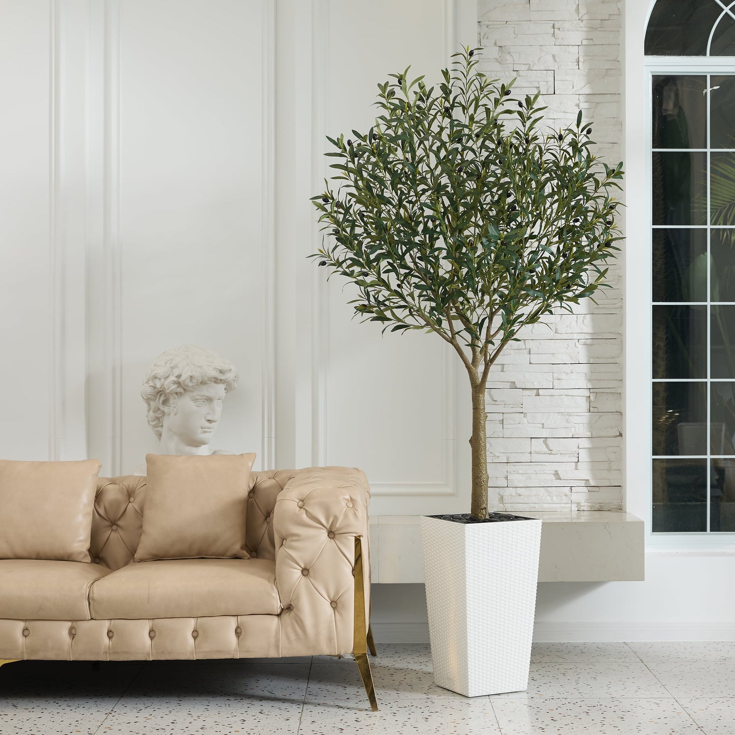 DR.Planzen UV Resistant 7ft Artificial Olive Tree in White Large Planter with Pebbles¨C Faux Olive Tree for Indoor and Outdoor Decor, Lifelike Greenery for Home & Garden Decor