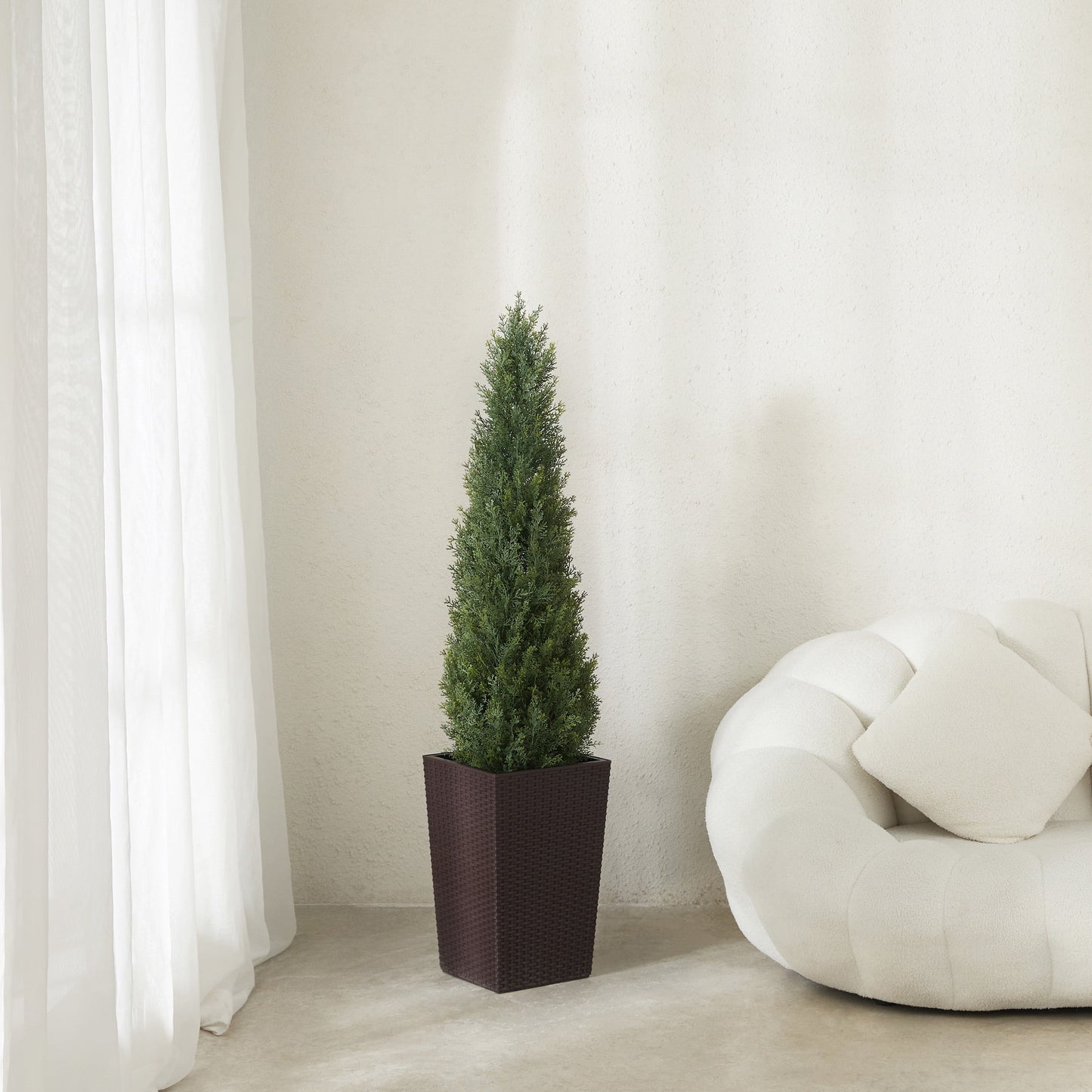 DR.Planzen 4ft Artificial Cedar Topiary Tree with Brown Planter - UV Resistant Faux Cypress Tree for Porch Decor Fake Pine Tree for Perfect Housewarming Gift