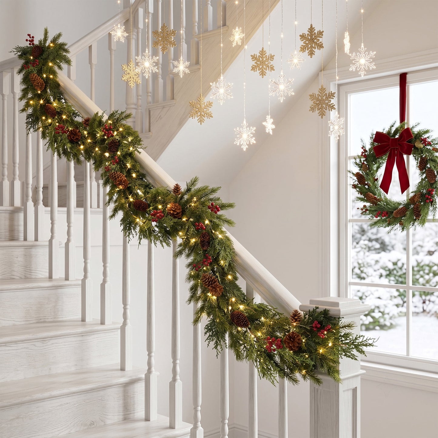 DR.Planzen 2Pack 6ft Artificial Pine & Berry Foliage Spray with Red Cones, Long Flexible Greenery Garland for DIY Christmas Tree Filler, Wreaths & Vase Filler