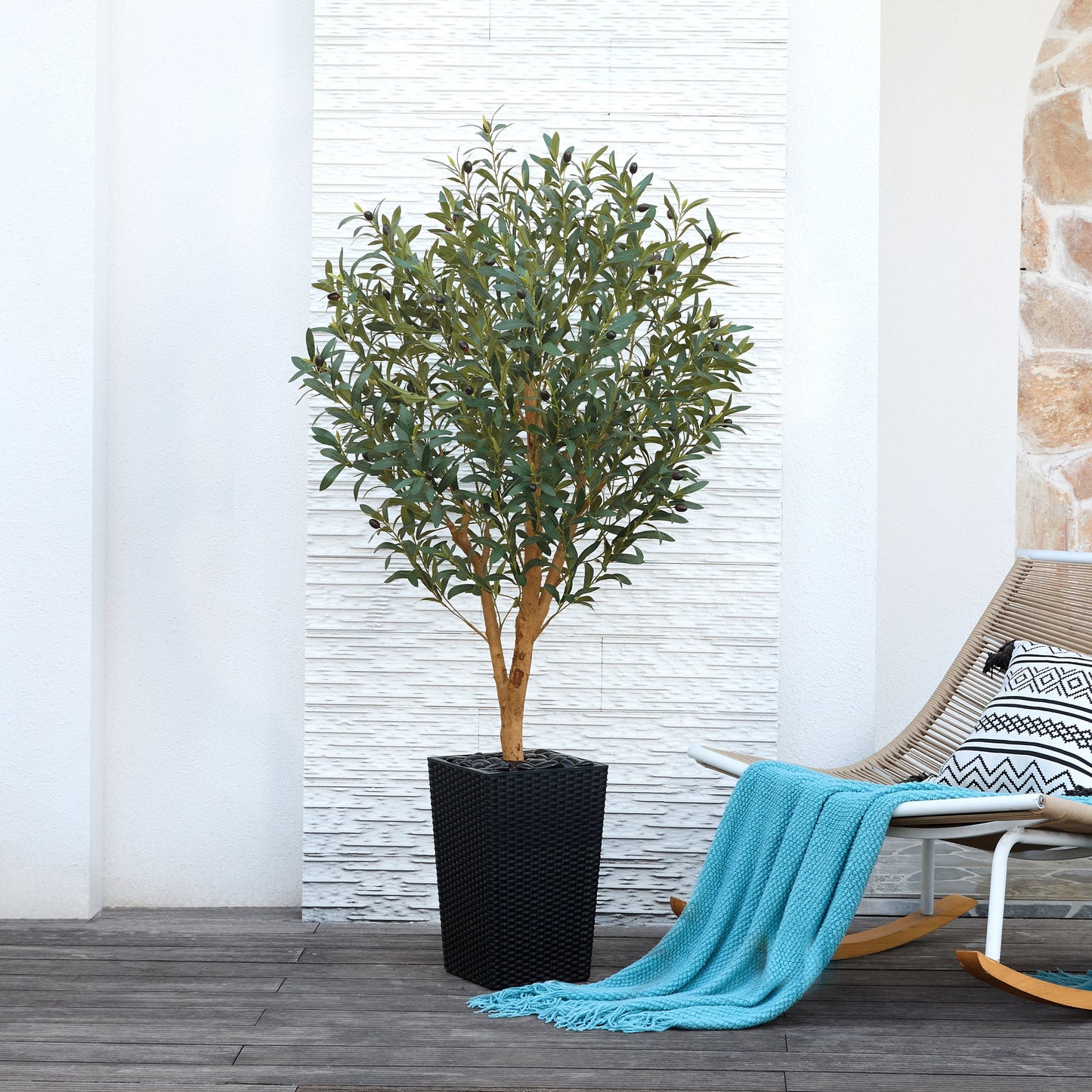 DR.Planzen UV Resistant 5ft Artificial Olive Tree with Natural Wood Branches and Realistic Silk Leaves,Faux Olive Tree for Indoor and Outdoor Decor - Black Large Planter with Pebbles