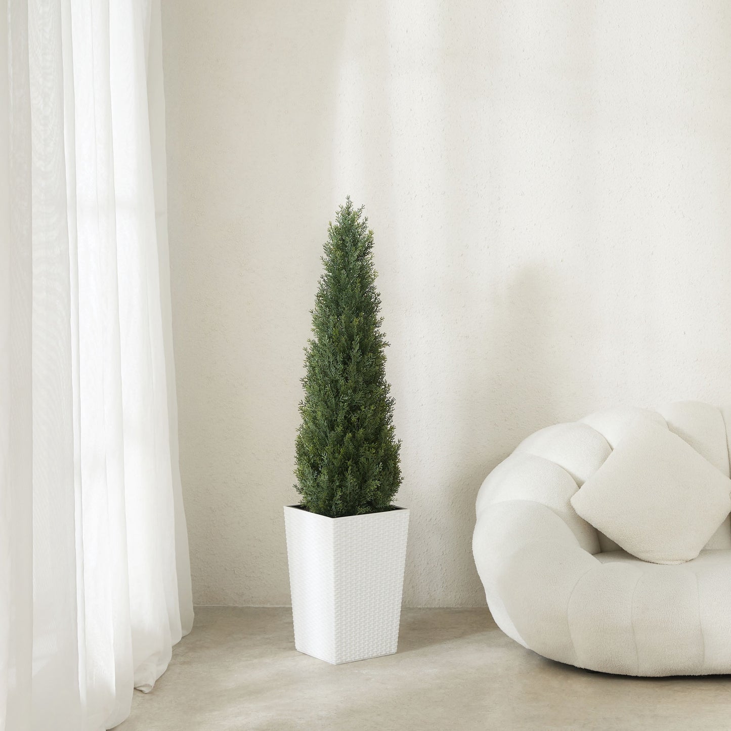 DR.Planzen 4ft Artificial Cedar Topiary Tree with White Planter - UV Resistant Faux Cypress Tree for Porch Decor Fake Pine Tree for Perfect Housewarming Gift