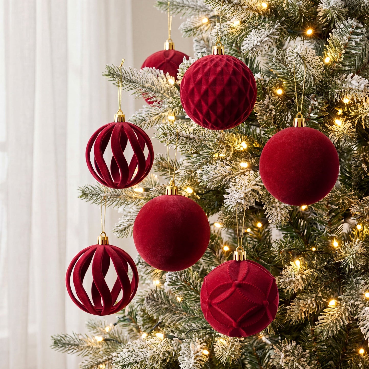 DR.Planzen 16ct 3.15" Burgundy Red Flocked Christmas Ornaments, Soft Velvet Foam Balls for Holiday Tree Decor, Non-Tarnish Indoor Xmas Decorations