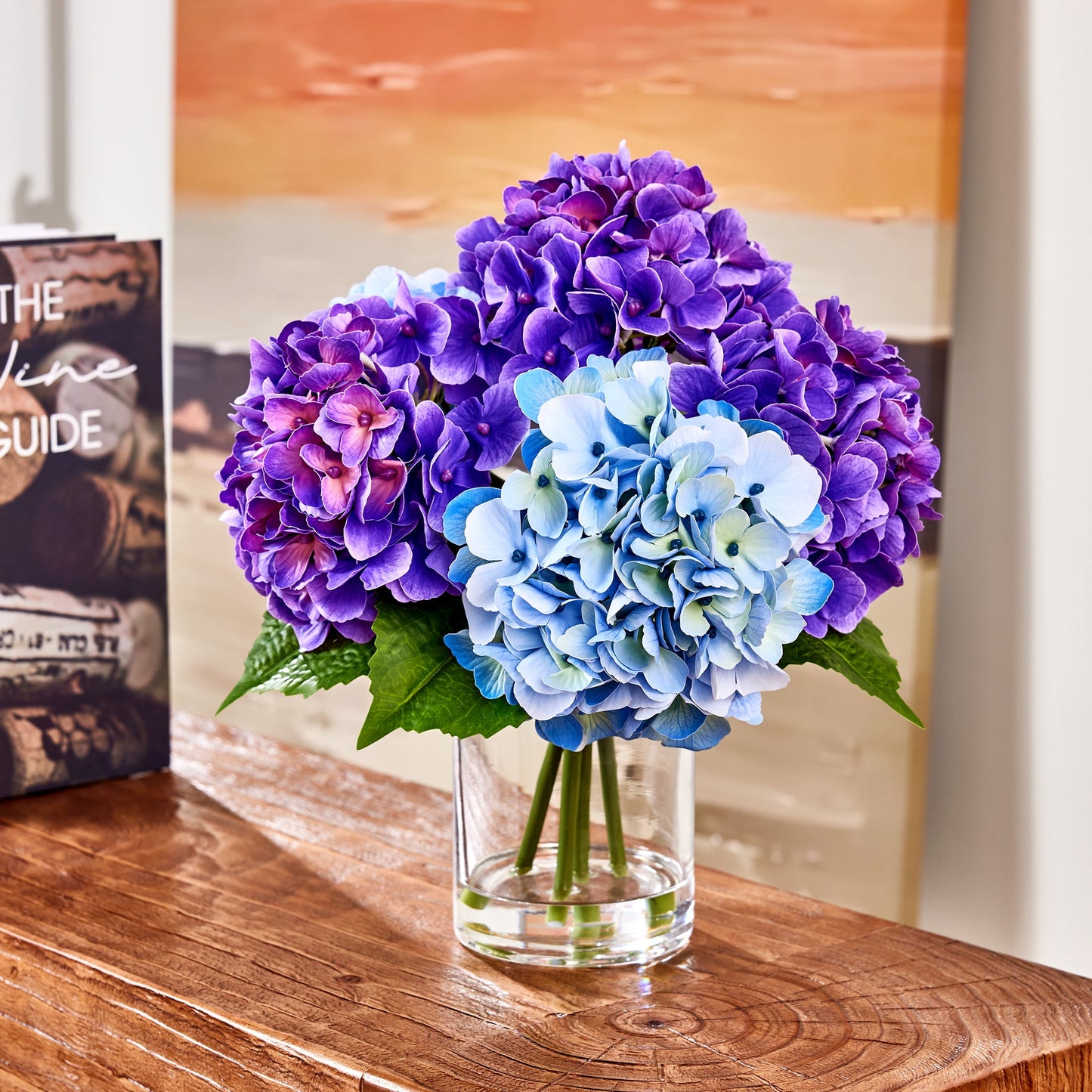 DR.Planzen 13in Artificial Hydrangea Flowers with Vase - Purple and Blue Faux Hydrangea Flowers, Clear Glass Vase with Faux Water, Table Centerpiece for Home Decor, Office, Wedding Party