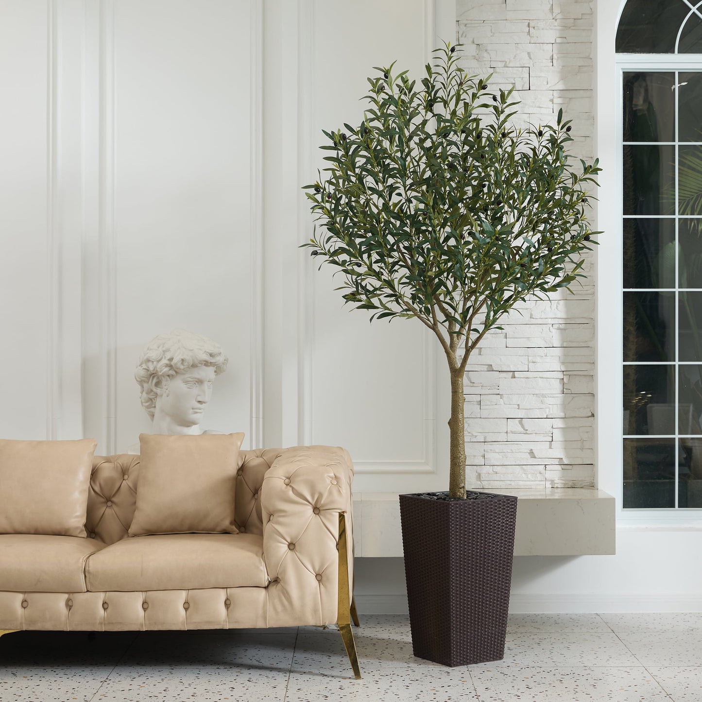 DR.Planzen UV Resistant 7ft Artificial Olive Tree in Brown Large Planter with Pebbles¨C Faux Olive Tree for Indoor and Outdoor Decor, Lifelike Greenery for Home & Garden Decor