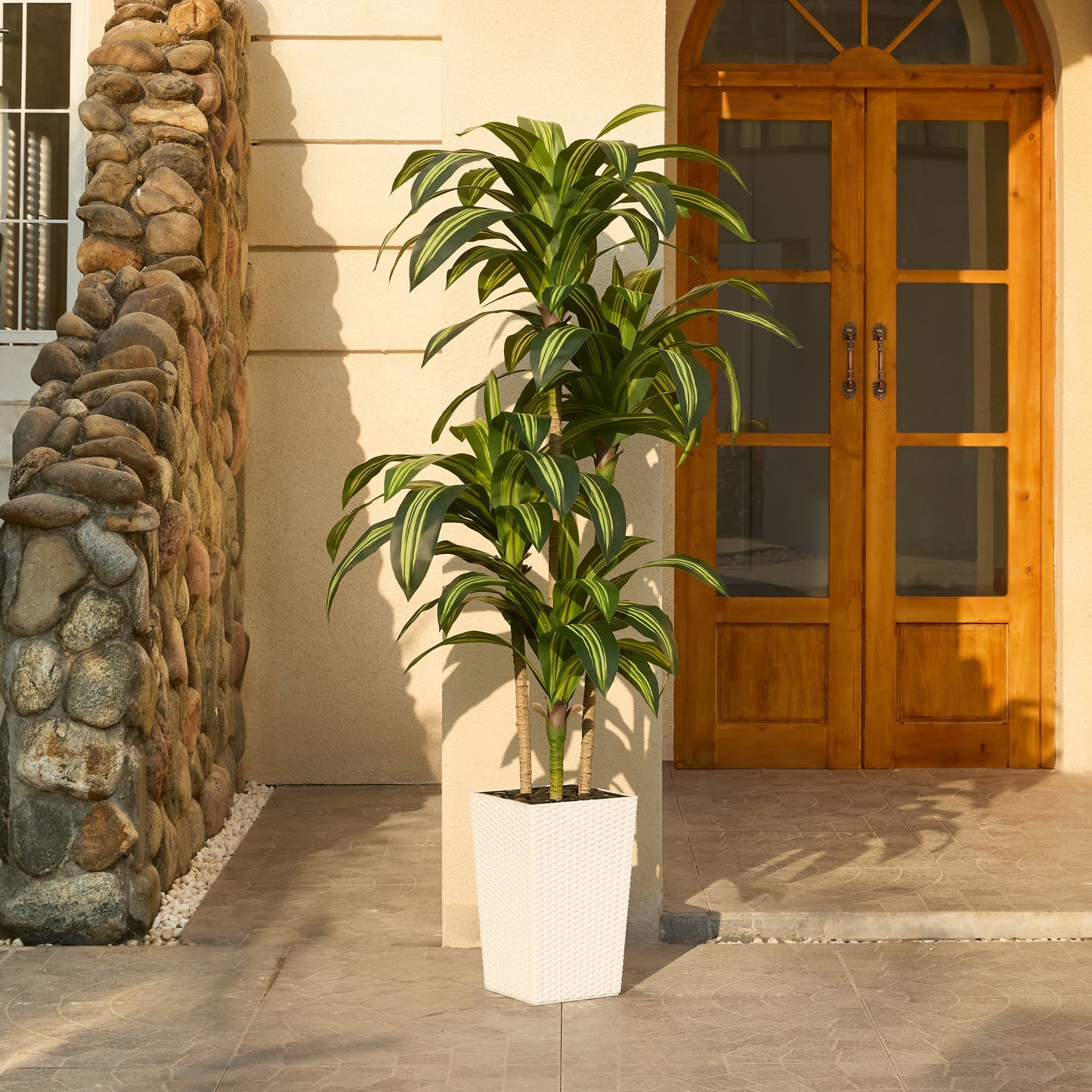 DR.Planzen 6FT Artificial Dracaena Tree with UV-Resistant Silk Leaves in White Tall Planter - Indoor/Outdoor Faux Plant for Home Office House Decor, Tall Fake Tree for Living Room Lobby & Patio