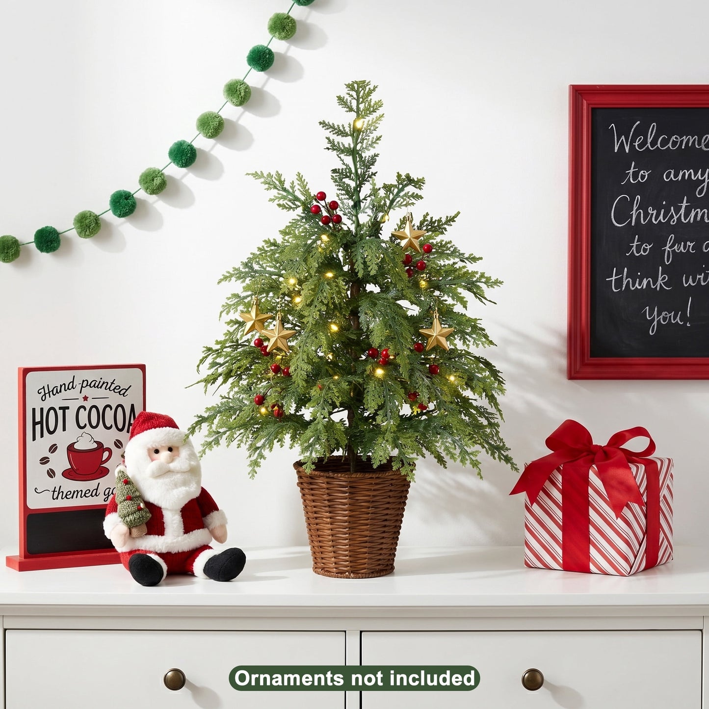 DR.Planzen 24" Pre-Lit Green Cypress Artificial Christmas Tree with 30 Warm White LED Lights, Mini Tabletop Xmas Tree in Woven Basket Base, Indoor Holiday Decoration