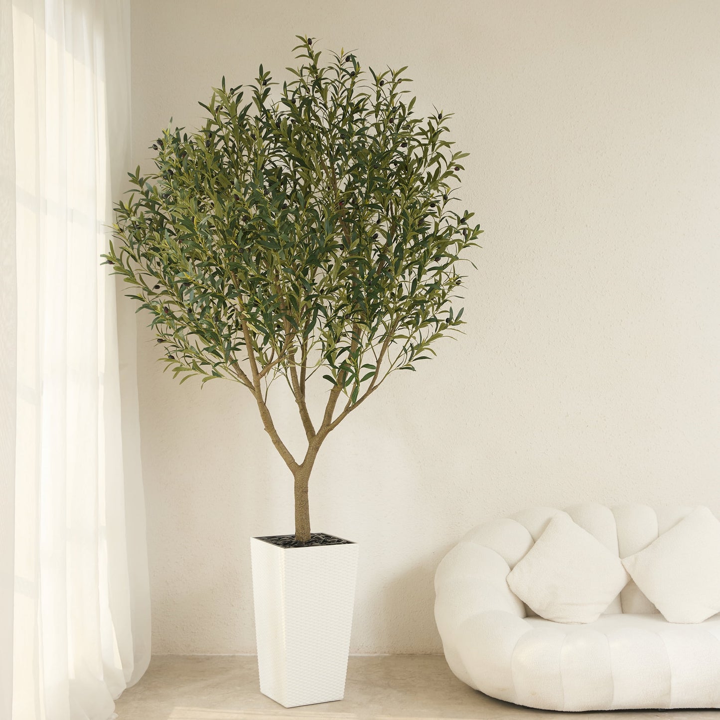 DR.Planzen UV Resistant 8ft Artificial Olive Tree in White Large Planter with Pebbles¨C Faux Olive Tree for Indoor and Outdoor Decor, Lifelike Greenery for Home & Garden Decor