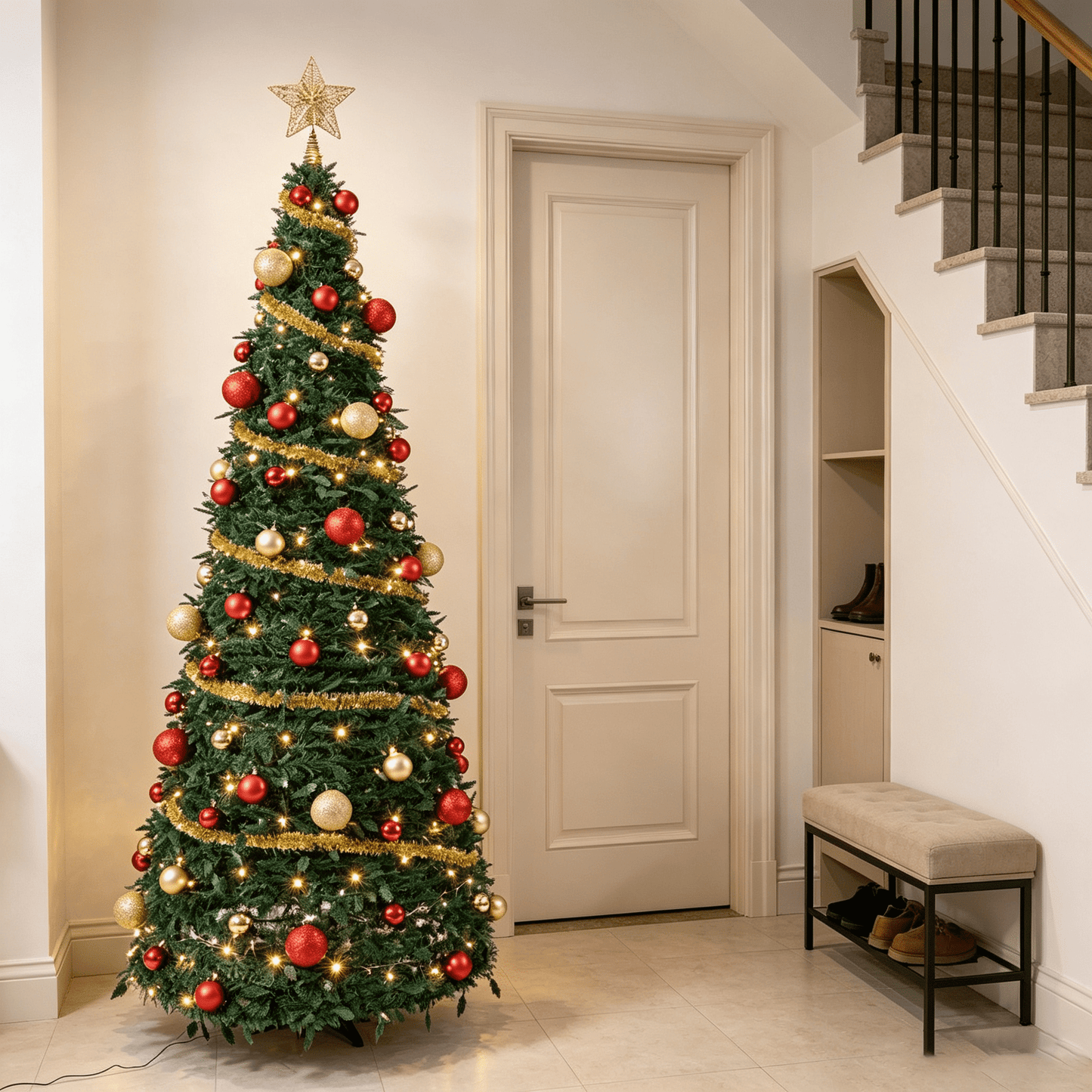 DR.Planzen 7ft Pop Up Christmas Tree with Red Ribbon, Pre-Decorated Artificial Xmas Tree with LED Lights, Foldable Collapsible with Plastic Base, Easy Assembly Holiday Decor