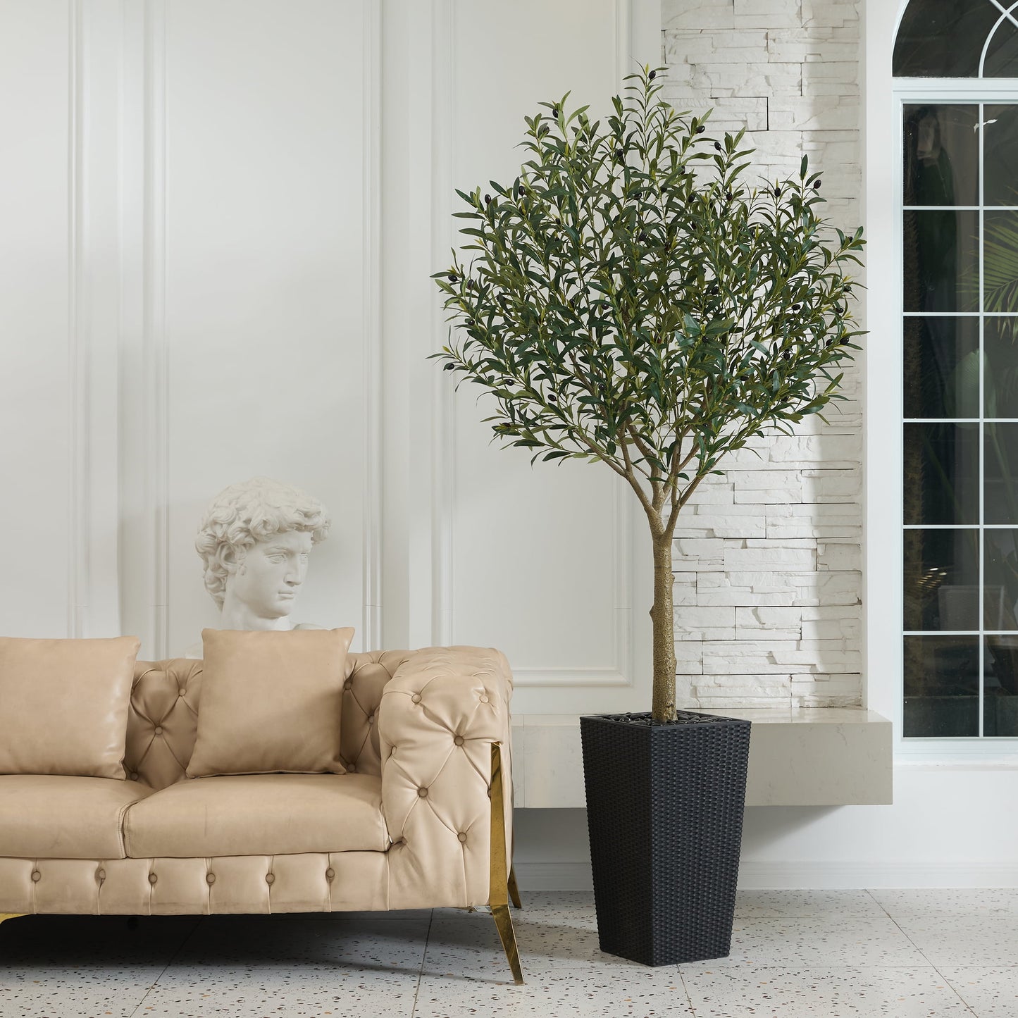 DR.Planzen UV Resistant 7ft Artificial Olive Tree in Black Large Planter with Pebbles¨C Faux Olive Tree for Indoor and Outdoor Decor, Lifelike Greenery for Home & Garden Decor