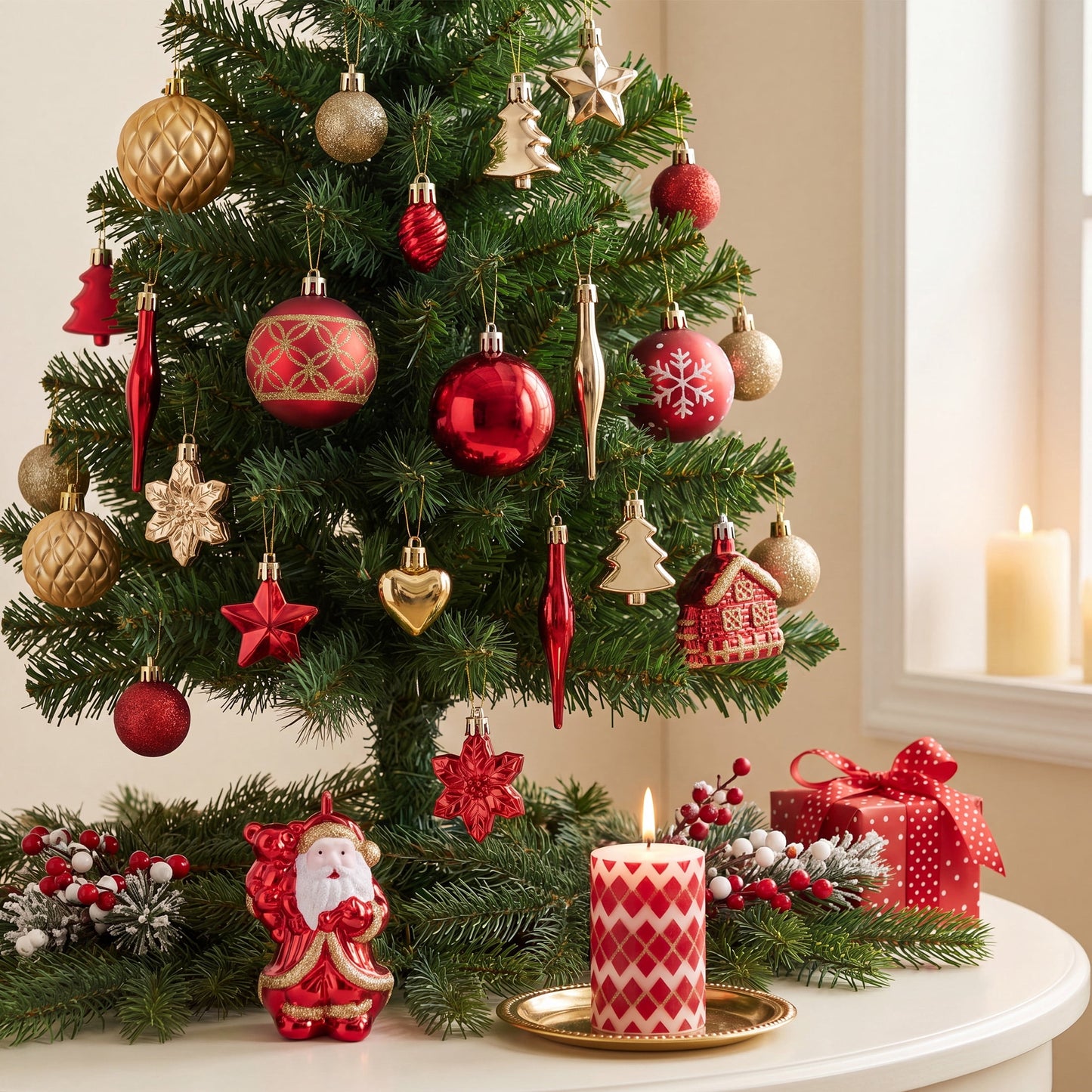 DR.Planzen 44ct Red Gold & White Christmas Ornaments Set, Assorted 2.36" & 1.18" Embossed Glazed Holiday Balls with Santa & Houses, Indoor Xmas Decor