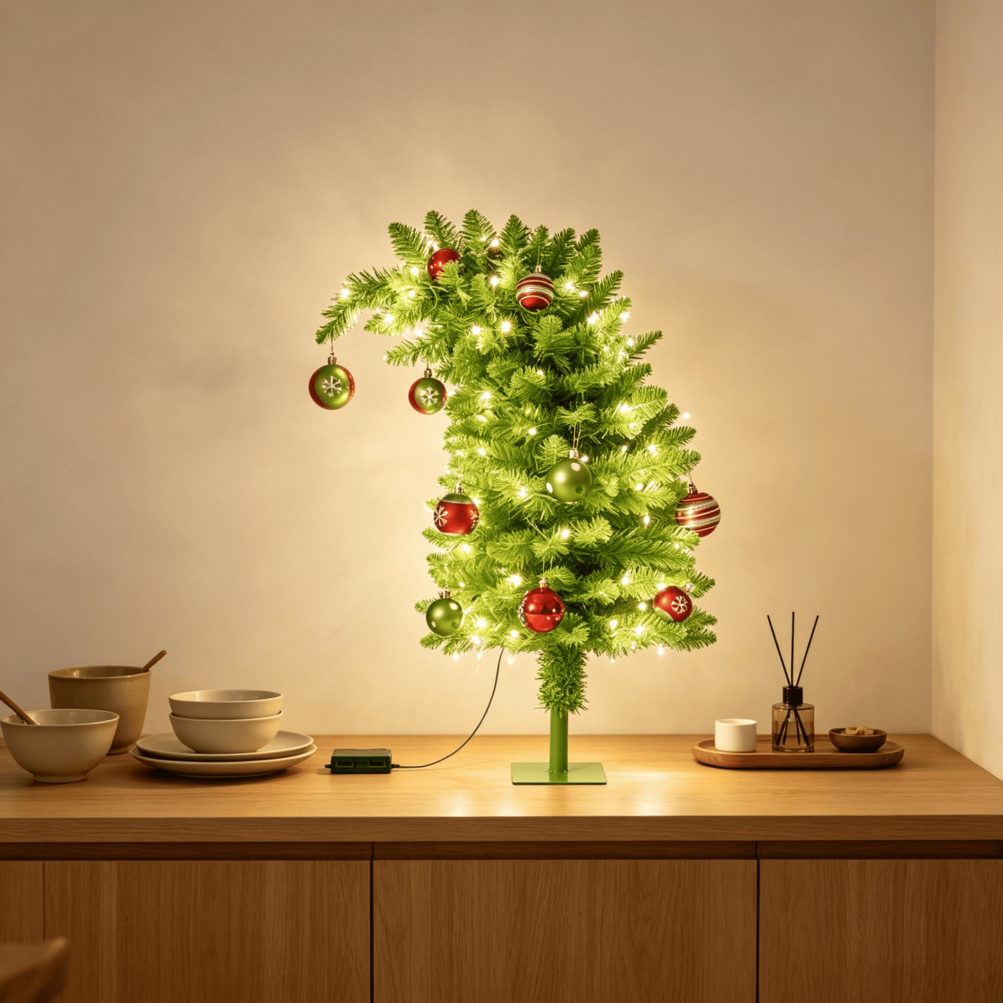 DR.Planzen 2ft Pencil Artificial Christmas Tree with Red & Green Ornaments, Pre-Decorated Slim Xmas Tree, Indoor Tabletop Holiday Decor, 1 Pack