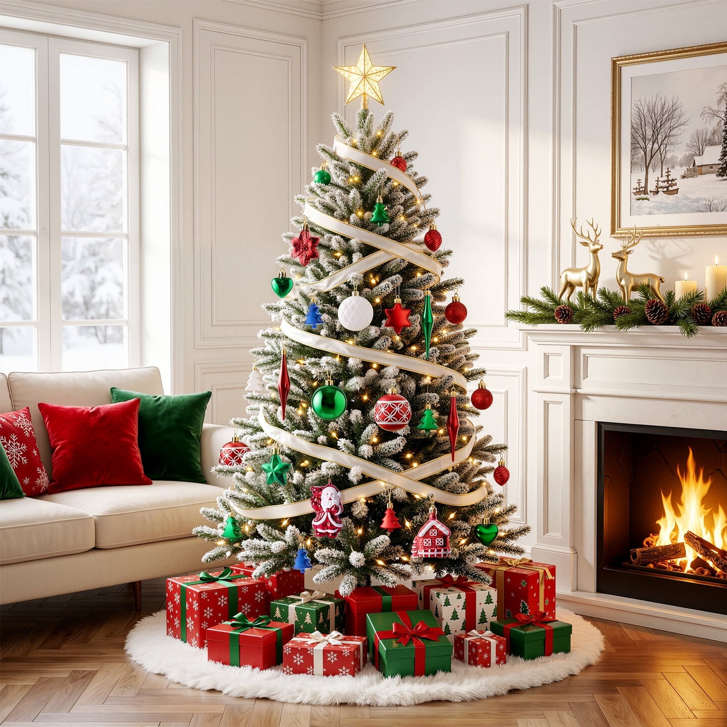DR.Planzen 44ct Red Green & White Christmas Ornaments Set, Assorted 2.36" & 1.18" Embossed Glazed Holiday Balls with Snowflakes & Houses, Indoor Xmas Decor
