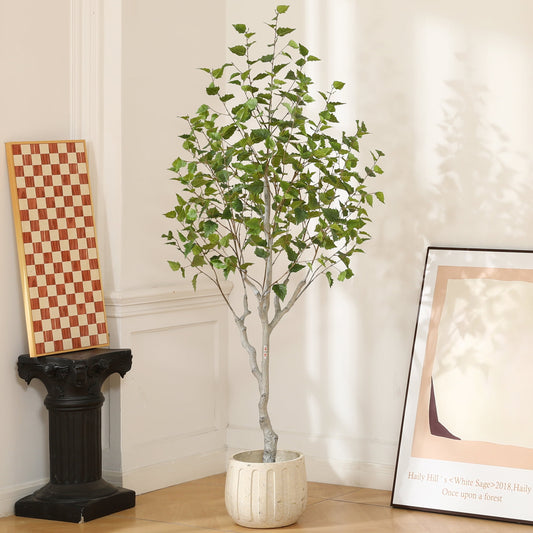 6ft Fake Plastic Betula Tree in Pot, Pre Potted Faux Greenry Plant for Home Decor Office House Living Room Indoor Outdoor, Big Fake Plants Fake House Plants
