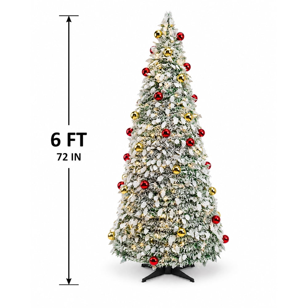 6 ft Flocked Christmas Tree with Lights - Artificial Christmas Tree, Foldable Snow Christmas Tree, Prelit Xmas Tree with Ornaments and Plastic Stand for Indoor Holiday Decorations