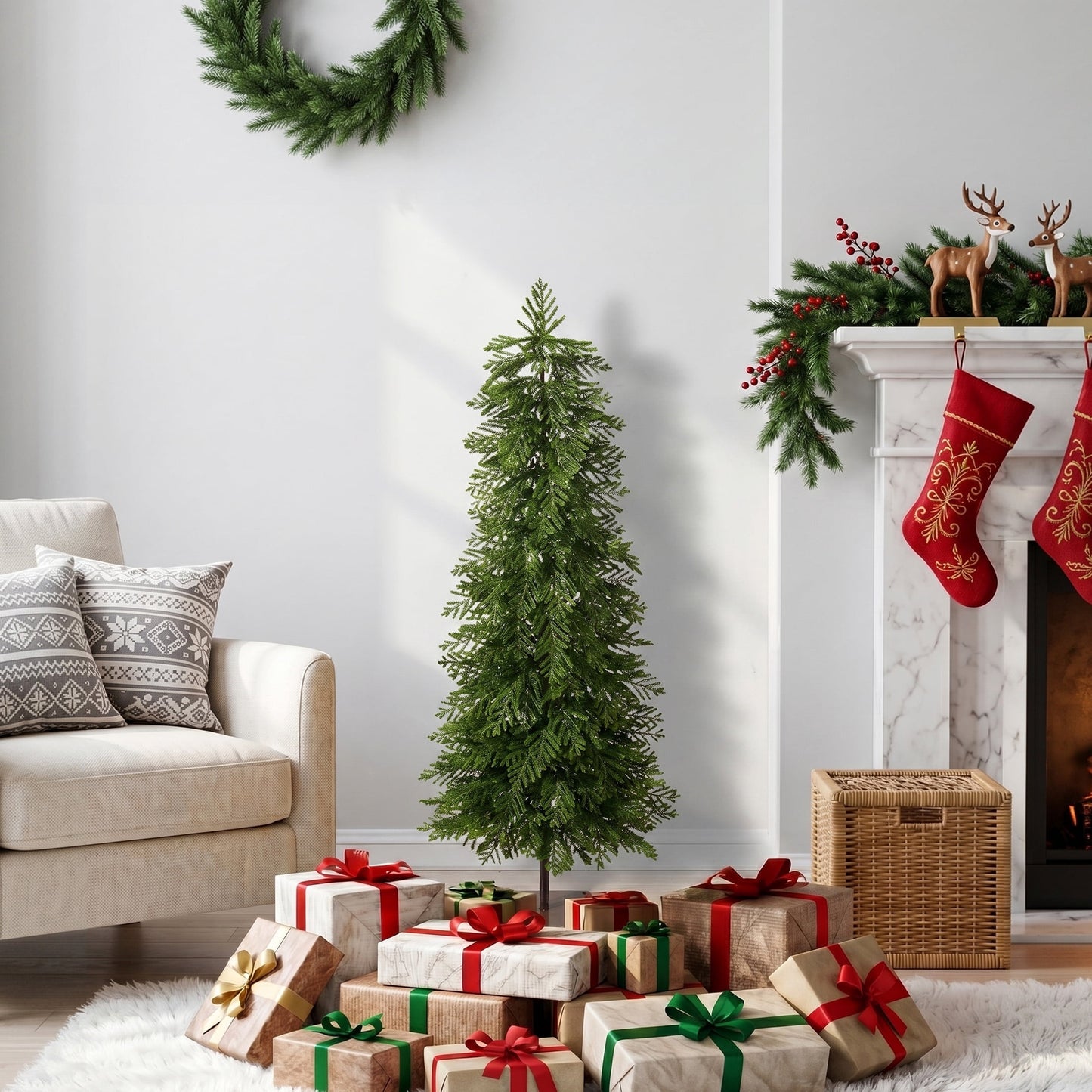DR.Planzen 5ft Pre-Lit Artificial Norfolk Pine Tree with Metal Stand, 120 Warm White LED Lights, 2-Piece Assembly Faux Tree in Coffee Pot for Indoor Home & Office Decor